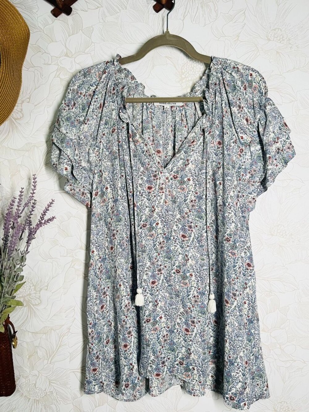 Rose + Olive 3x Floral Print Boho Style Blouse With Tassels 3X